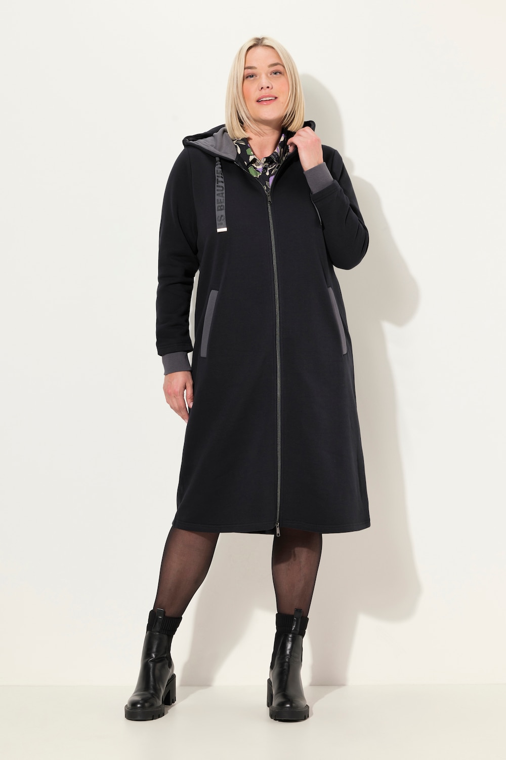 Große Größen Long-Sweatjacke, Damen, schwarz, Größe: 54/56, Baumwolle/Polyester, Ulla Popken von Ulla Popken