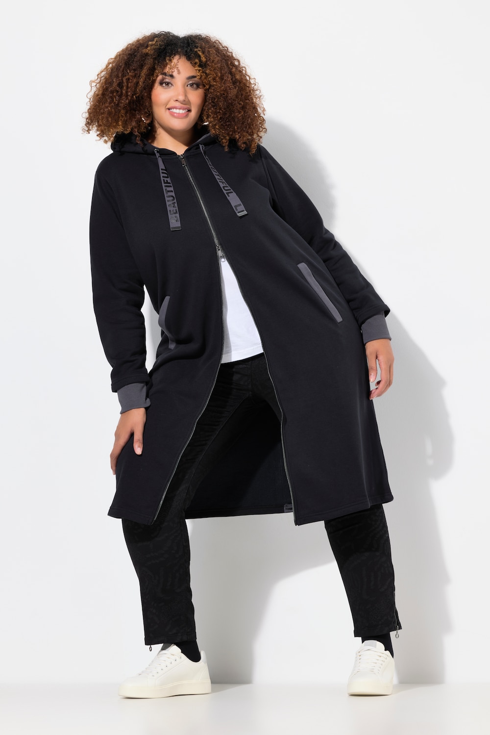 Große Größen Long-Sweatjacke, Damen, schwarz, Größe: 58/60, Baumwolle/Polyester, Ulla Popken von Ulla Popken