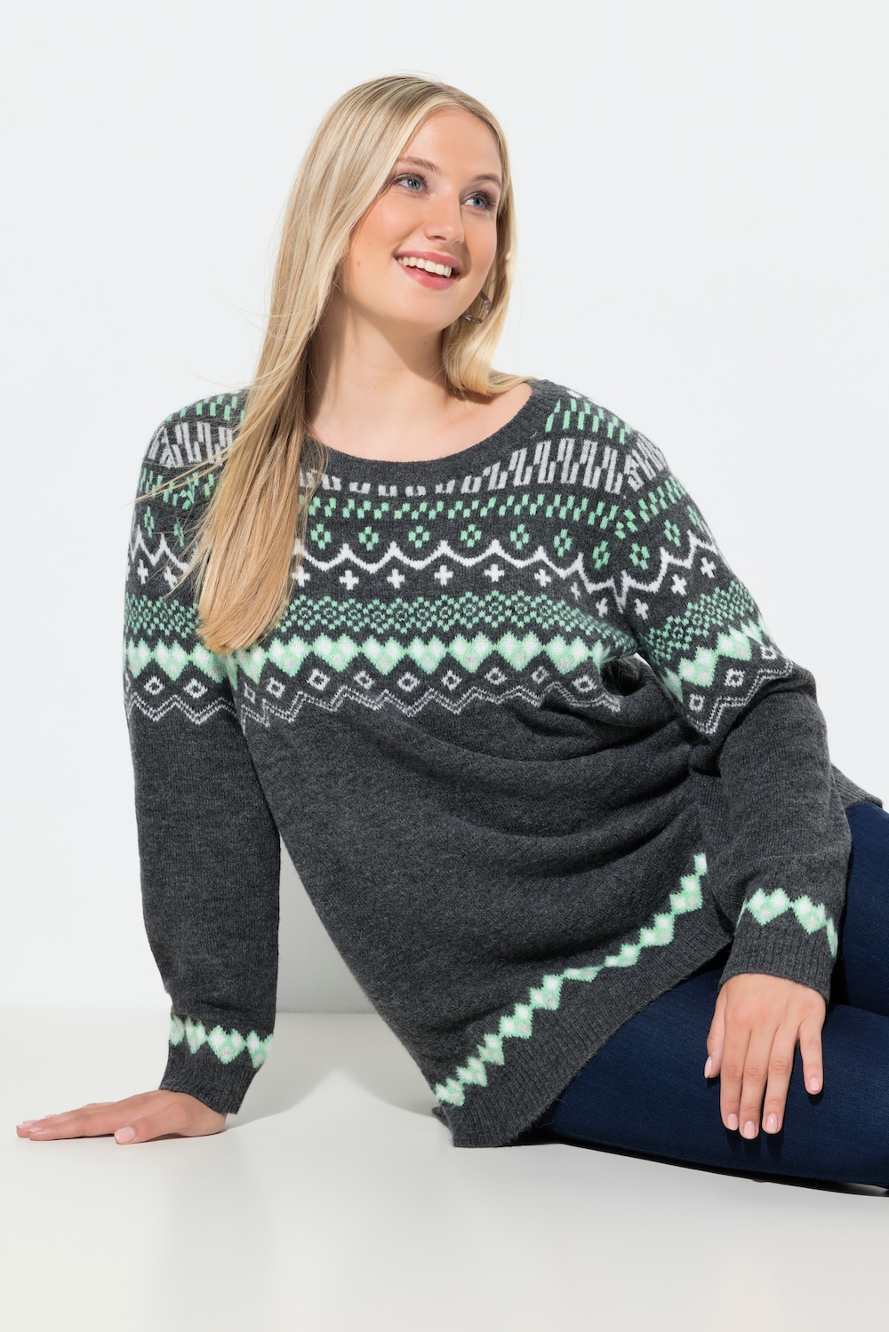 Große Größen Norweger-Pullover, Damen, blau, Größe: 50/52, Synthetische Fasern/Polyester, Ulla Popken von Ulla Popken