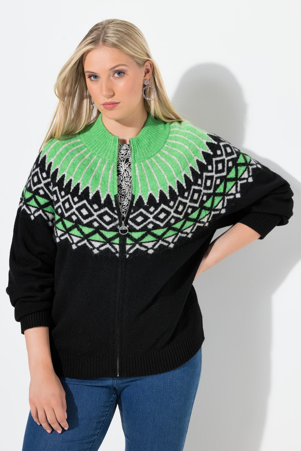 Große Größen Norweger-Strickjacke, Damen, schwarz, Größe: 42/44, Synthetische Fasern/Polyester, Ulla Popken von Ulla Popken