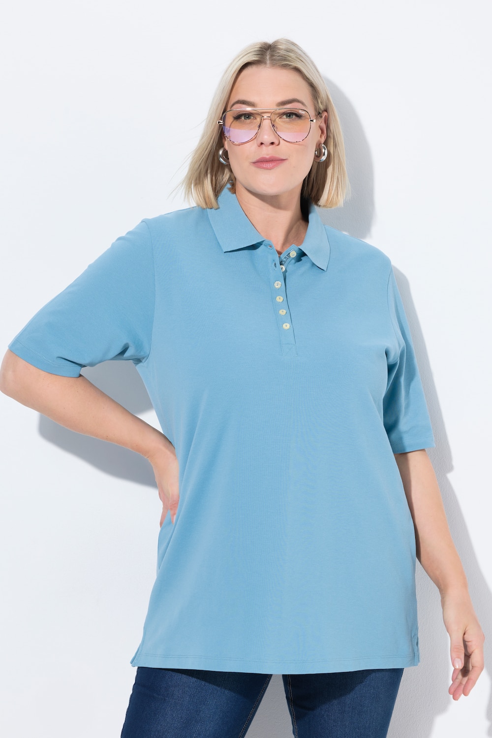 Große Größen Poloshirt, Damen, türkis, Größe: 46/48, Baumwolle, Ulla Popken von Ulla Popken