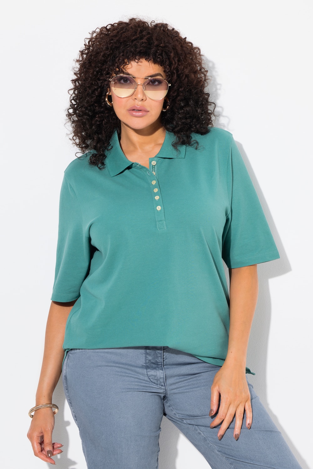 Große Größen Poloshirt, Damen, türkis, Größe: 62/64, Baumwolle, Ulla Popken von Ulla Popken