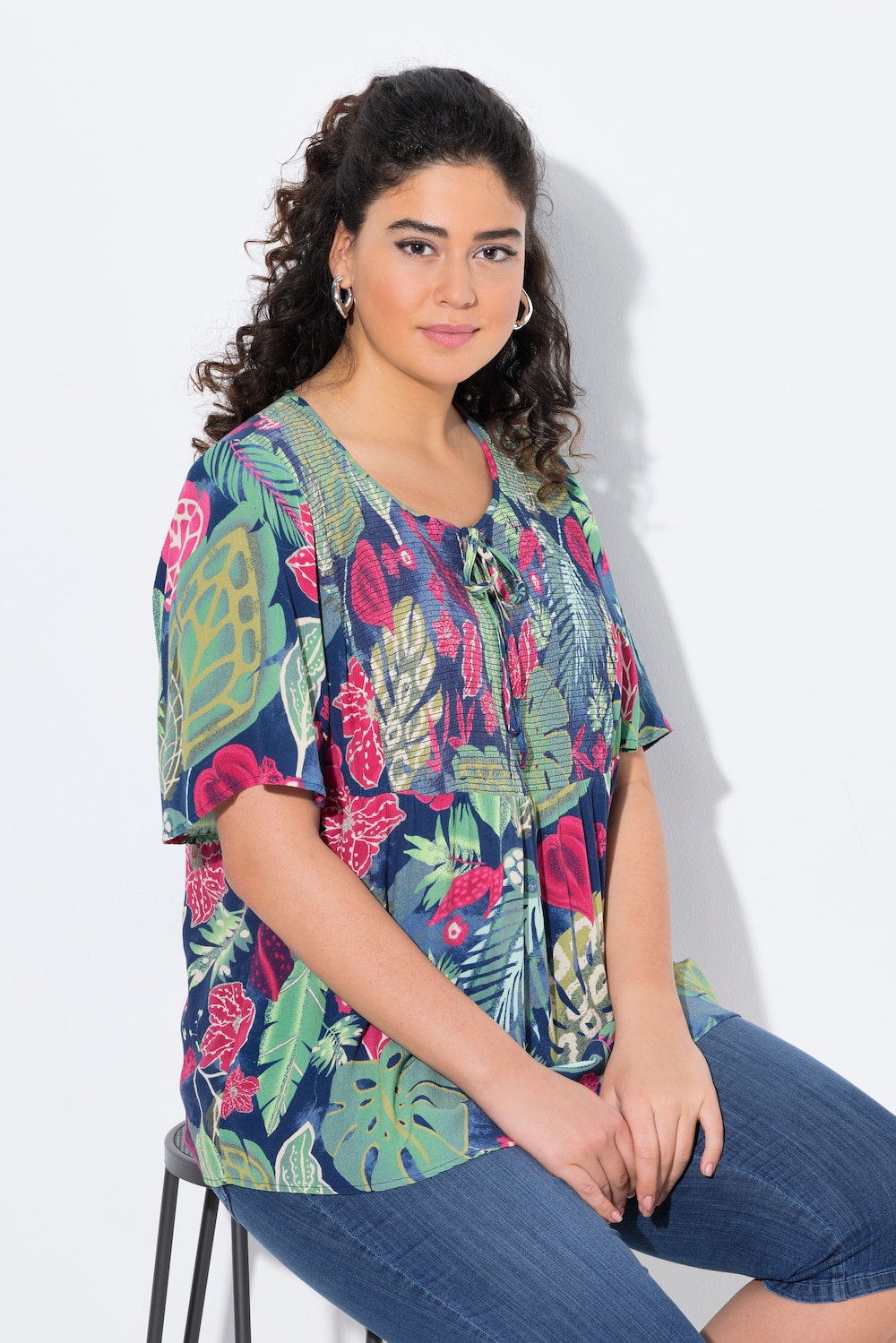 Große Größen Smok-Bluse, Damen, blau, Größe: 50/52, Viskose, Ulla Popken von Ulla Popken