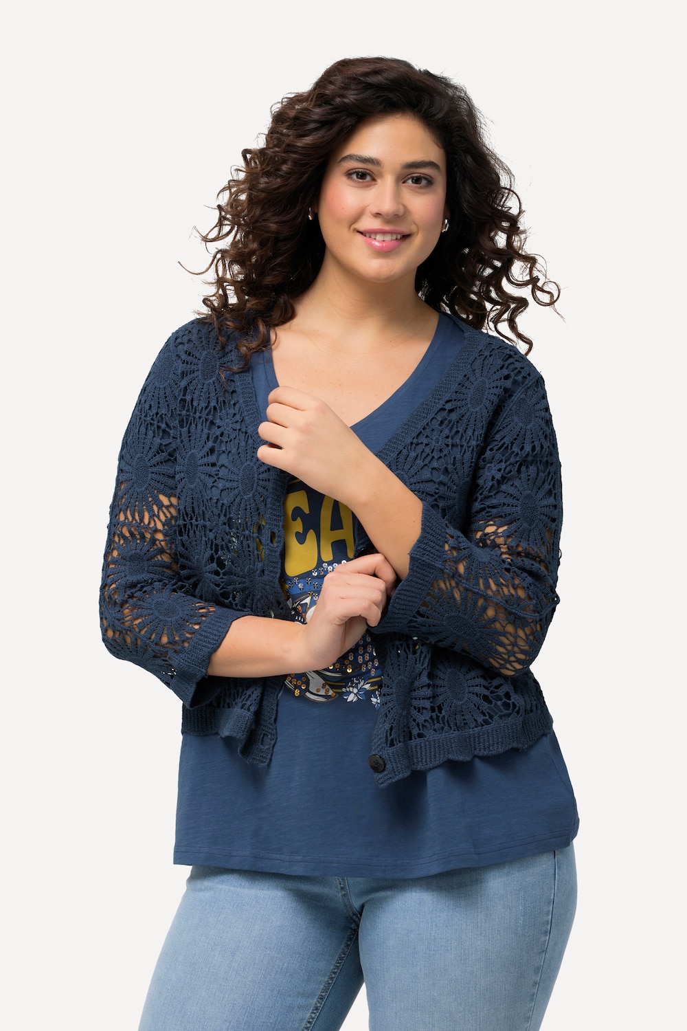 Große Größen Strickjacke, Damen, blau, Größe: 46/48, Baumwolle, Ulla Popken von Ulla Popken