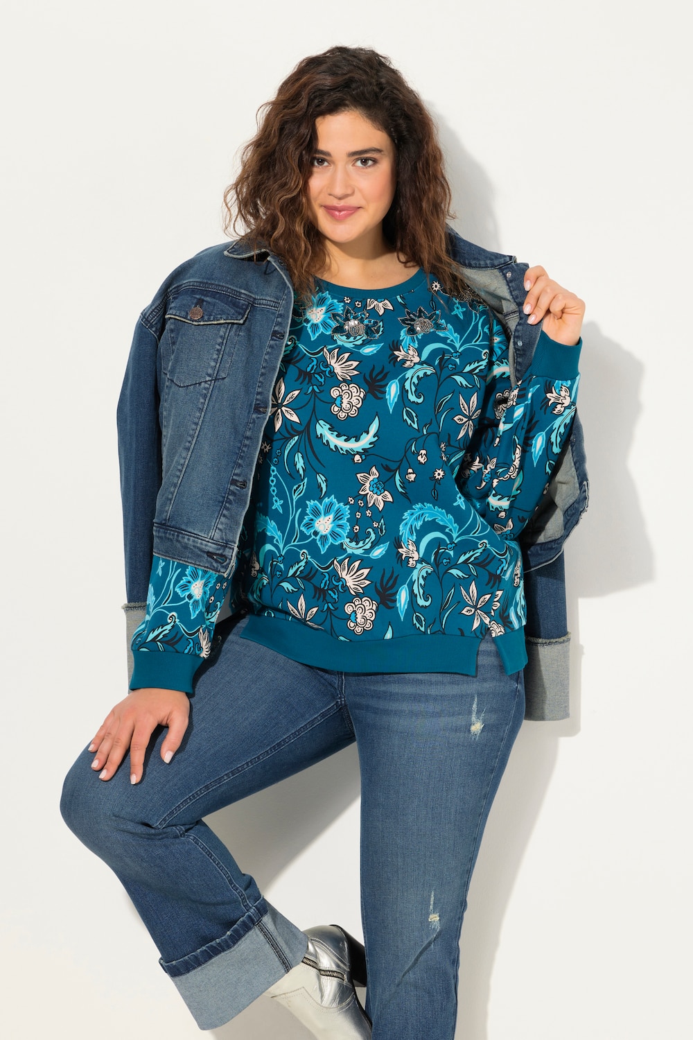 Große Größen Sweatshirt, Damen, türkis, Größe: 50/52, Baumwolle, Ulla Popken von Ulla Popken