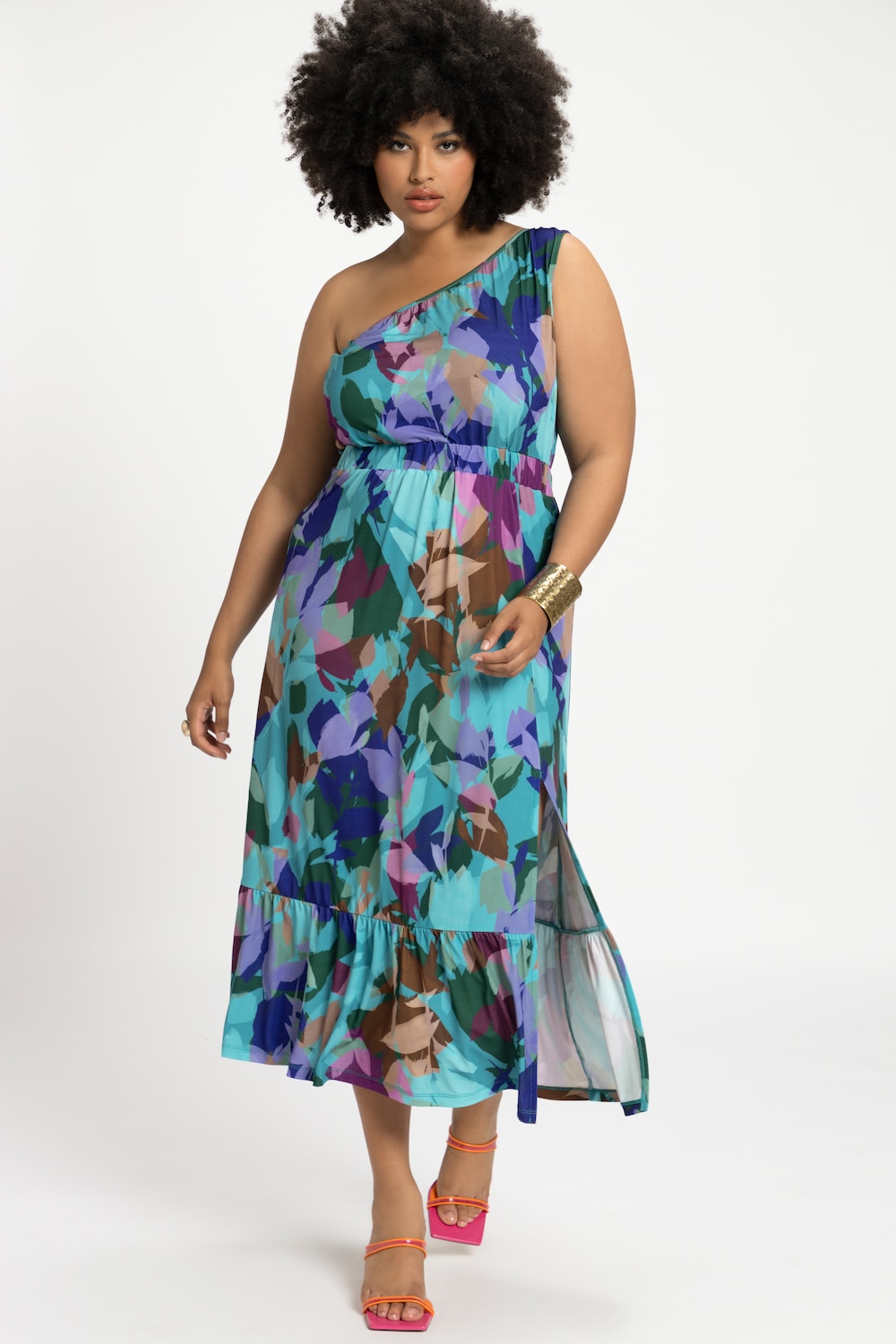 Maxikleid, One Shoulder, Blüten Print, Saum Volant von 50%