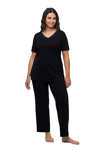 Ulla Popken Damen Pyjama, Satin Trim Pyjamaset, schwarz, 42-44 von Ulla Popken