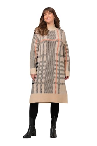 Ulla Popken Damen Strickkleid Stehkragen Karo Kleider, Natur, 50-52 von Ulla Popken