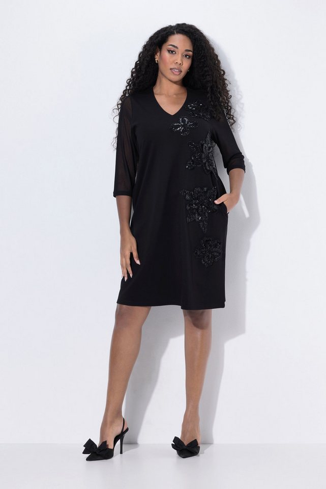 Ulla Popken Cocktailkleid Punto-Kleid Pailletten-Blüten V-Ausschnitt 3/4-Arm von Ulla Popken