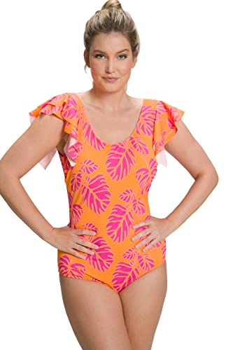 Ulla Popken Damen, Rüschen, Softcups, Unterbrustband Badeanzug, neon orange, 48 von Ulla Popken