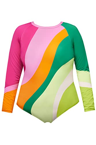 Ulla Popken Damen Badeanzug Longsleeve Colour Curve, Hohes Bein Badeanz ge, Helles Erika, 44 EU von Ulla Popken