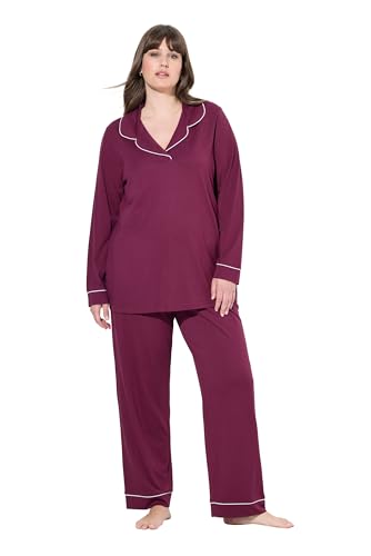 Ulla Popken Damen Pyjama, Zweiteiler, Zierpaspeln, V-Ausschnitt, Langarm Pyjamas, Dunkle Beere, 32-34 von Ulla Popken