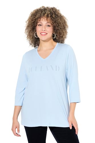 Ulla Popken Damen Shirt, Schriftmotiv, Classic, V-Ausschnitt, 3/4-arm, Zartes Hellblau, 42-44 EU von Ulla Popken
