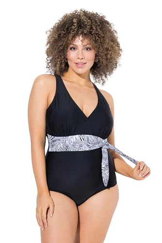 Ulla Popken Damen Violetta, Bauchgurt, Palmblätter Badeanzug, Schwarz, 50 EU von Ulla Popken