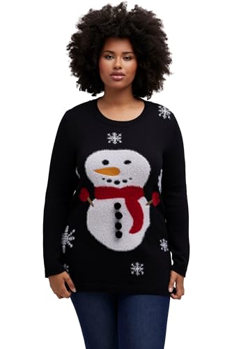 Ulla Popken Damen Weihnachtspullover, Schneemann, Rundhals, Langarm Pullover, Schwarz, 50-52 von Ulla Popken