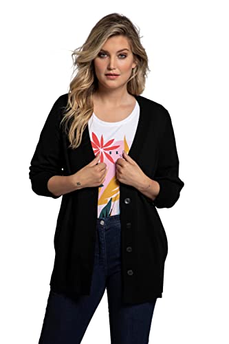 Ulla Popken Damen Strickjacke, V-ausschnitt, Knopfleiste, Feinstrick Pullover, Schwarz, 46-48 EU von Ulla Popken