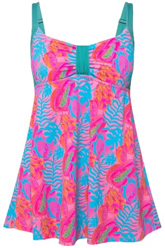 Ulla Popken Damen große Größen Übergrößen Plus Size Badekleid, Neon-Blätterdruck, Softcups, Powermesh-Futter türkisblau 48 827645758-48 von Ulla Popken