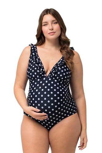 Ulla Popken Damen große Größen Übergrößen Plus Size Bellieva Badeanzug, Umstandsmode, Punkte, Rüsche am Ausschnitt Marine 56 825431130-56 von Ulla Popken