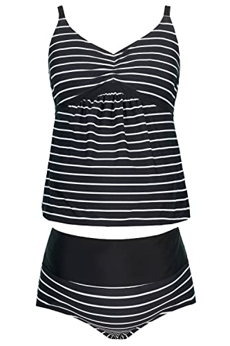 Ulla Popken Damen große Größen Übergrößen Plus Size Bellieva-Tankini, Ringel, Raffung, verstellbare Träger Marine 46 798240130-46 von Ulla Popken