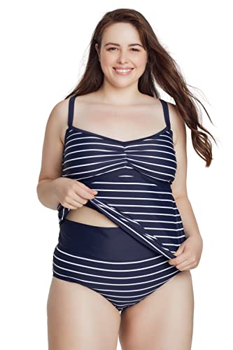 Ulla Popken Damen große Größen Übergrößen Plus Size Bellieva-Tankini, Ringel, Raffung, verstellbare Träger Marine 54 798240130-54 von Ulla Popken