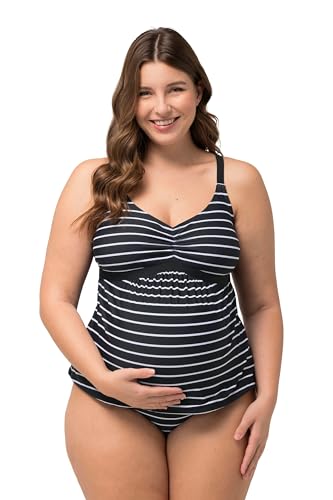 Ulla Popken Damen große Größen Übergrößen Plus Size Bellieva-Tankini, Ringel, Raffung, verstellbare Träger schwarz 44 798240100-44 von Ulla Popken