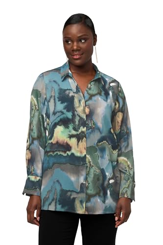 Ulla Popken Damen große Größen Übergrößen Plus Size Bluse, Marmor-Design, V-Ausschnitt, Langarm matt grün 46+ 822082440-46+ von Ulla Popken