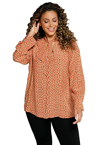 Ulla Popken Damen große Größen Übergrößen Plus Size Bluse, Muster, Stehkragen, V-Ausschnitt, Volant, Langarm gebranntes orange 46+ 800896669-46+ von Ulla Popken