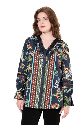 Ulla Popken Damen große Größen Übergrößen Plus Size Bluse, Spitze, Rüschen, V-Ausschnitt, Langarm Marine 42+ 822507130-42+ von Ulla Popken