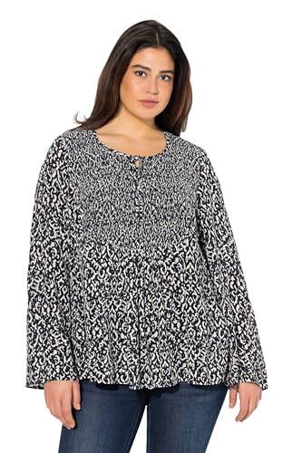 Ulla Popken Damen große Größen Übergrößen Plus Size Bluse, gesmokt, Rundhals, ausgestellter Langarm von Ulla Popken