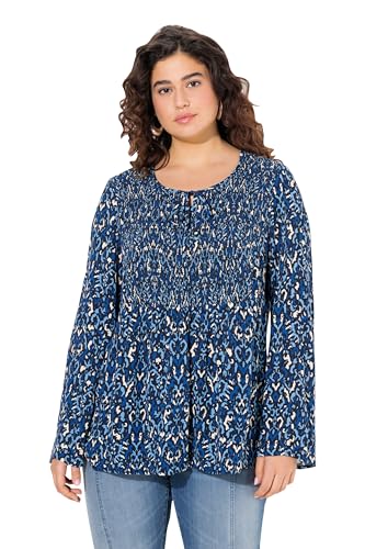 Ulla Popken Damen große Größen Übergrößen Plus Size Bluse, gesmokt, Rundhals, ausgestellter Langarm von Ulla Popken