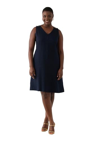 Ulla Popken Damen große Größen Übergrößen Plus Size Bouclé-Kleid, A-Linie, V-Ausschnitt, ärmellos, Taschen Nachtblau 46+ 824523129-46+ von Ulla Popken