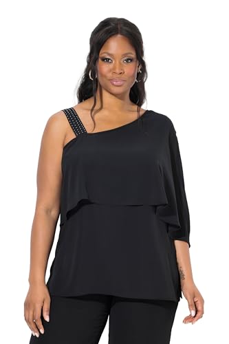 Ulla Popken Damen große Größen Übergrößen Plus Size Chiffon-Bluse, One-Shoulder-Überwurf, A-Linie, 3/4-Arm schwarz 50+ 836057130-50+ von Ulla Popken