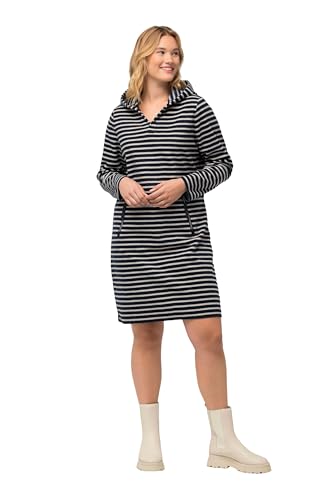 Ulla Popken Damen große Größen Übergrößen Plus Size Fleecekleid, Ringel, Kapuze, V-Ausschnitt, Langarm Marine 62+ 826821130-62+ von Ulla Popken