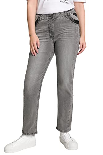 Ulla Popken Damen große Größen Übergrößen Plus Size Jeans Sammy, schmale 5-Pocket-Form, Lederoptik-Details Grey Denim 124 807311905-124 von Ulla Popken