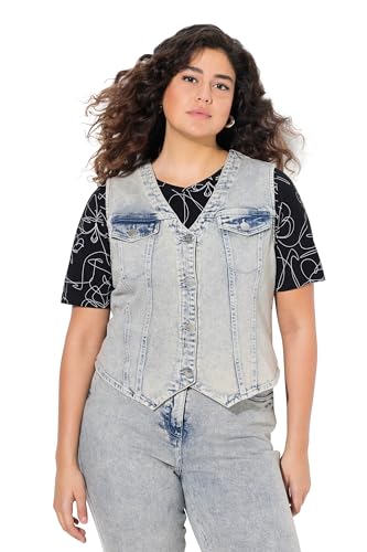 Ulla Popken Damen große Größen Übergrößen Plus Size Jeansweste, spitzer Saum, Stretchdenim, V-Ausschnitt mattes jeansblau 50+ 835195190-50+ von Ulla Popken