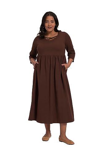 Ulla Popken Damen große Größen Übergrößen Plus Size Jerseykleid, A-Line, Zierbänder, Empirenaht, Rundhals, 3/4-Arm Espresso 54+ 818150303-54+ von Ulla Popken