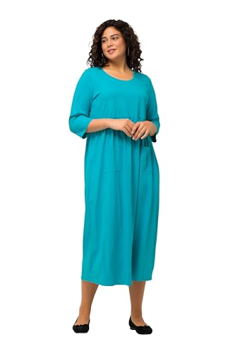 Ulla Popken Damen große Größen Übergrößen Plus Size Jerseykleid, A-Linie, Empirenaht, Rundhals, 3/4-Arm tiefes Aqua 58+ 825830740-58+ von Ulla Popken