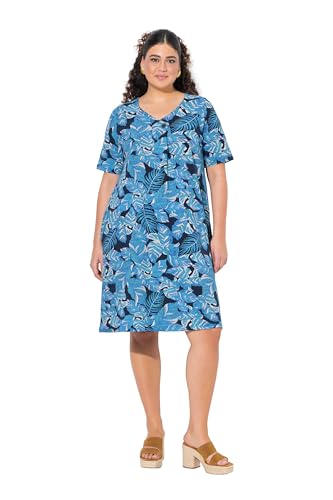 Ulla Popken Damen große Größen Übergrößen Plus Size Jerseykleid, Blätter, A-Linie, V-Ausschnitt, Halabrm Marine 54+ 838482130-54+ von Ulla Popken