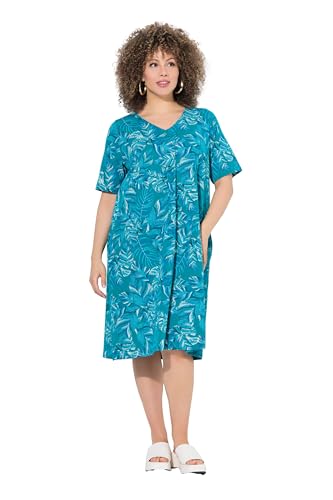 Ulla Popken Damen große Größen Übergrößen Plus Size Jerseykleid, Blätter, A-Linie, V-Ausschnitt, Halabrm Petrol 42+ 838482769-42+ von Ulla Popken