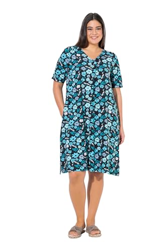 Ulla Popken Damen große Größen Übergrößen Plus Size Jerseykleid, Blüten, A-Linie, V-Ausschnitt, Halbarm tiefes Aqua 46+ 840354740-46+ von Ulla Popken