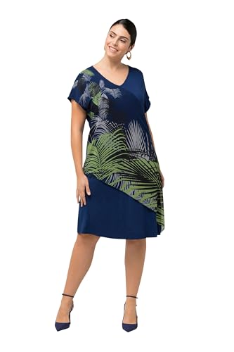 Ulla Popken Damen große Größen Übergrößen Plus Size Jerseykleid, Palmenblätter, V-Ausschnitt, Halbarm stahlblau 46+ 829669741-46+ von Ulla Popken