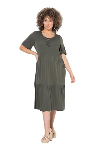 Ulla Popken Damen große Größen Übergrößen Plus Size Jerseykleid, Smokeinsatz, Rundhals, Glocken-Halbarm olivgrau 58+ 837424200-58+ von Ulla Popken