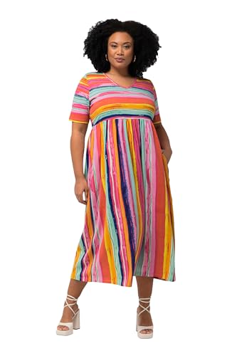 Ulla Popken Damen große Größen Übergrößen Plus Size Jerseykleid, Streifenmix, A-Linie, V-Ausschnitt, Halbarm Flamingo 66+ 829524805-66+ von Ulla Popken