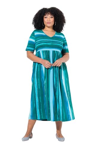 Ulla Popken Damen große Größen Übergrößen Plus Size Jerseykleid, Streifenmix, A-Linie, V-Ausschnitt, Halbarm tiefes Aqua 50+ 829524740-50+ von Ulla Popken