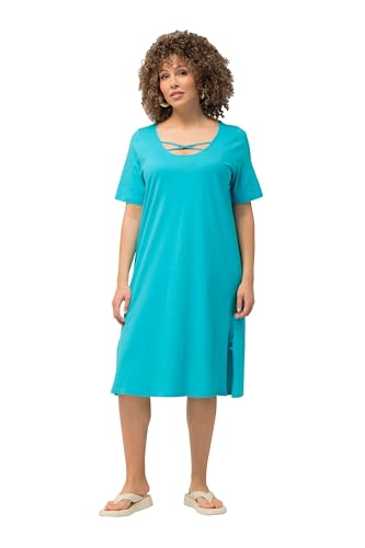 Ulla Popken Damen große Größen Übergrößen Plus Size Jerseykleid, Zierbänder, A-Linie, Rundhals, Halbarm tiefes Aqua 46+ 829834740-46+ von Ulla Popken