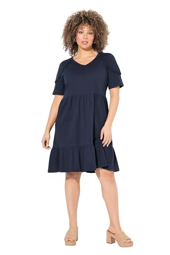 Ulla Popken Damen große Größen Übergrößen Plus Size Jerseykleid, Zierband, A-Linie, V-Ausschnitt, Halbarm Marine 54+ 840115130-54+ von Ulla Popken