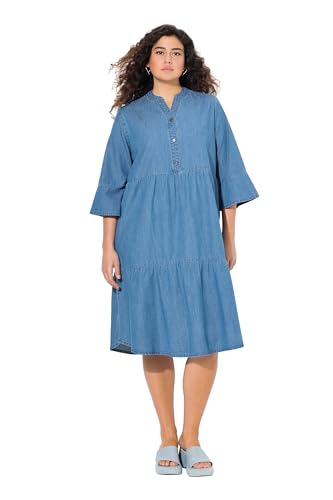 Ulla Popken Damen große Größen Übergrößen Plus Size Kleid, Volants, A-Linie, Tunika-Ausschnitt, 3/4-Arm Blue Denim 50+ 823874902-50+ von Ulla Popken