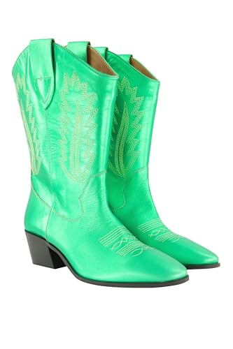 Ulla Popken Damen große Größen Übergrößen Plus Size Leder-Cowboystiefel, XL-Schaft, Metallic-Optik, Weite H smaragd 42 834252456-42 von Ulla Popken