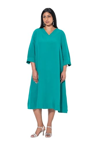 Ulla Popken Damen große Größen Übergrößen Plus Size Leinenmix-Midikleid, A-Linie, V-Ausschnitt, 3/4-Arm grünblau 54+ 838110460-54+ von Ulla Popken