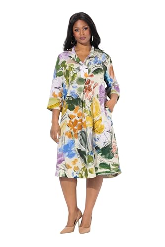 Ulla Popken Damen große Größen Übergrößen Plus Size Leinenmx-Kleid, A-Linie, V-Ausschnitt, 3/4-Arm, Taschen Mauve 54+ 837617815-54+ von Ulla Popken